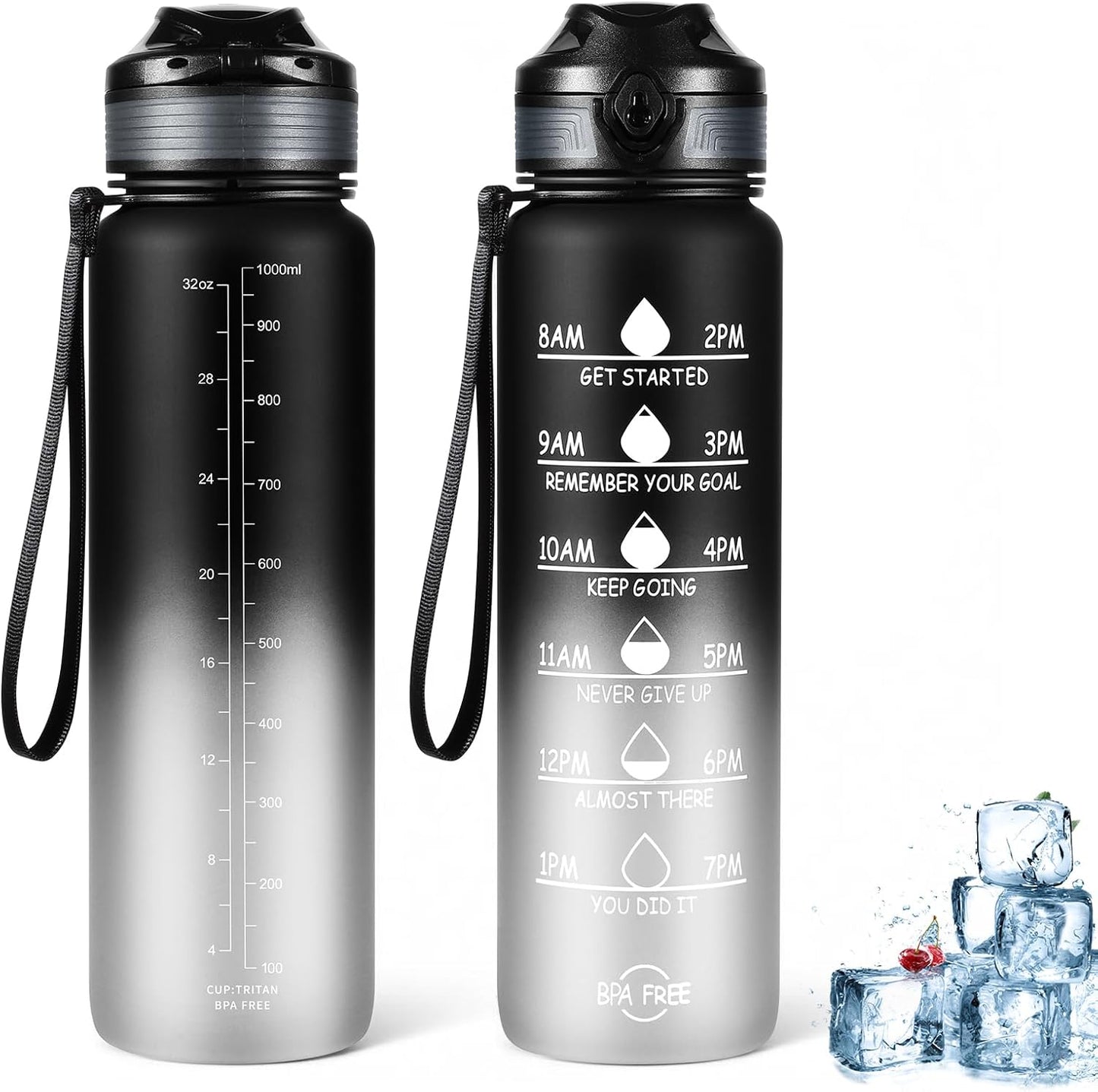 Water Bottle 32 Oz, Motivational Sports Water Bottles Tritan BPA Free Water Bottle No Straw with Time Marker, Wide Mouth Leakproof Water Bottle with Strap for Gym Fitness Hiking Bike Camping - Black