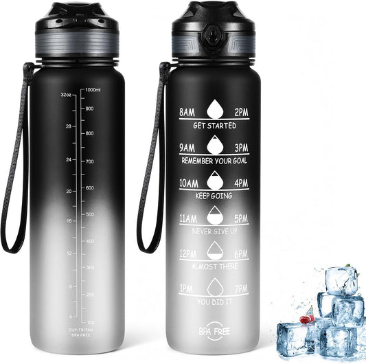 Water Bottle 32 Oz, Motivational Sports Water Bottles Tritan BPA Free Water Bottle No Straw with Time Marker, Wide Mouth Leakproof Water Bottle with Strap for Gym Fitness Hiking Bike Camping - Black