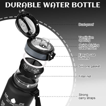 Water Bottle 32 Oz, Motivational Sports Water Bottles Tritan BPA Free Water Bottle No Straw with Time Marker, Wide Mouth Leakproof Water Bottle with Strap for Gym Fitness Hiking Bike Camping - Black